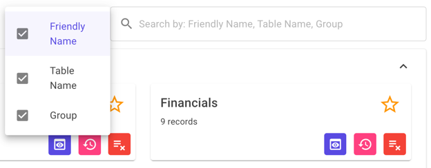 Search bar on the Dashboard, including filters for friendly name, table name, and group Search bar on the Dashboard, including filters for friendly name, table name, and group