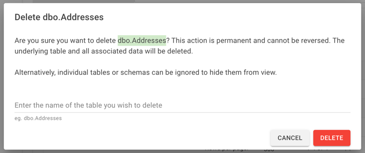 Delete table modal, prompting the user to confirm deletion by entering the name of the table