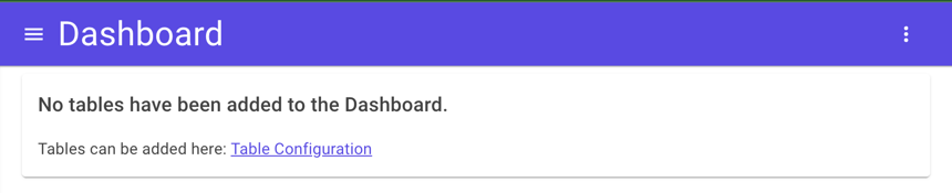 Dashboard page with no configured tables, instead displaying a link to the Table Configuration page Dashboard page with no configured tables, instead displaying a link to the Table Configuration page