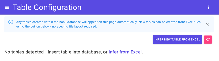 Table Configuration page with no tables detected; the page contains an "Infer New Table from Excel" button