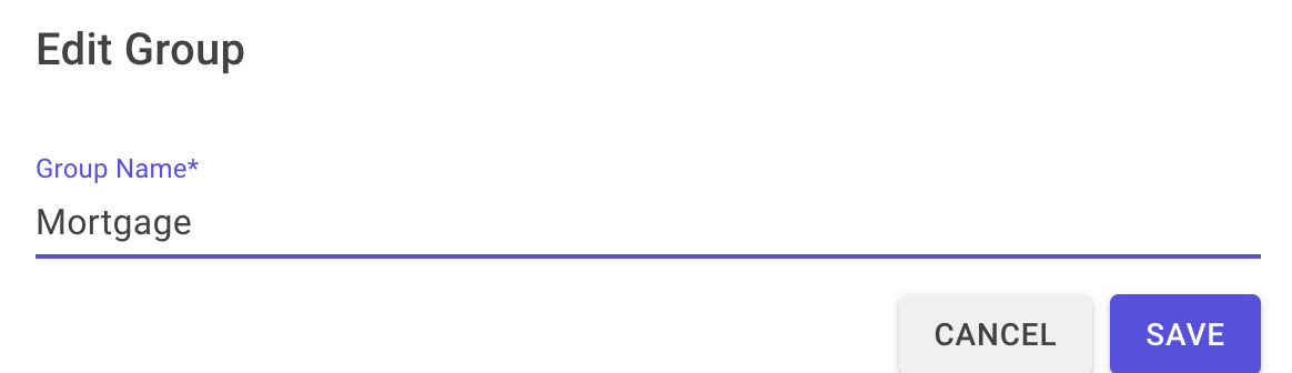 The "Edit Group" modal with Group Name set to "Mortgage"