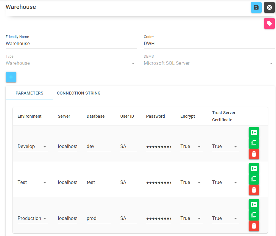 The Bragi Connection Strings page with values filled in