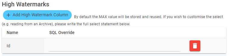 The High Watermarks configuration option for "Id" with an empty "SQL Override"