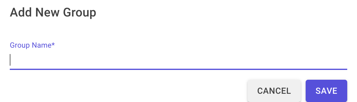 The "Add New Group" modal with an empty "Group Name" field"