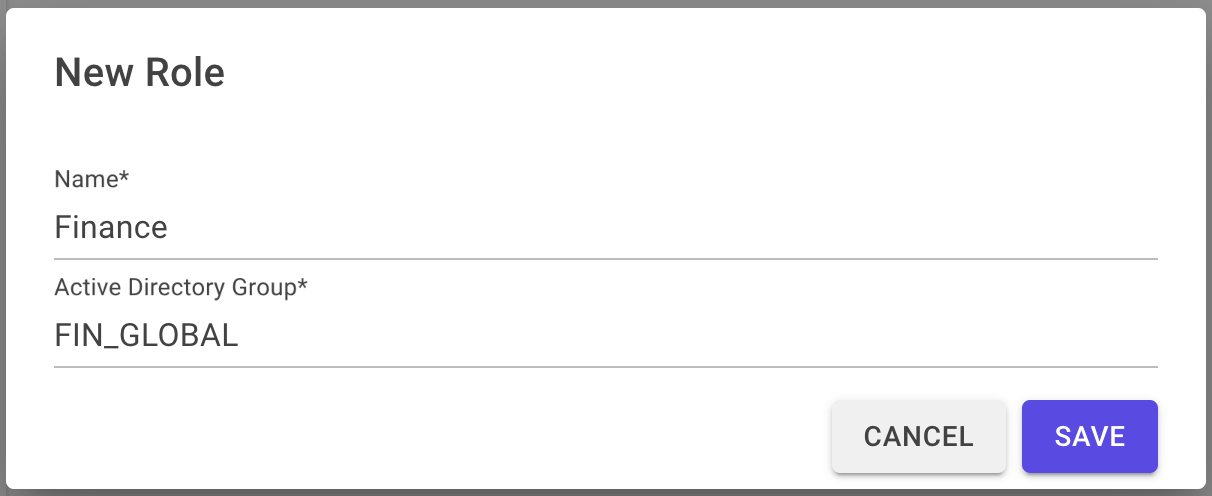 A New Role modal with Name set to "Finance" and Active Directory Group set to "FIN_GLOBAL"