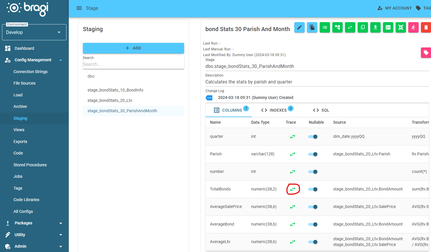 The Staging overview page with a Stage highlighted. The "Trace" button for the TotalBonds column is circled in red The Staging overview page with a Stage highlighted. The "Trace" button for the TotalBonds column is circled in red