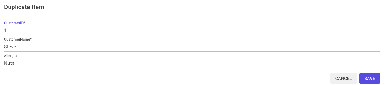Duplicate Item form for Customer Data
