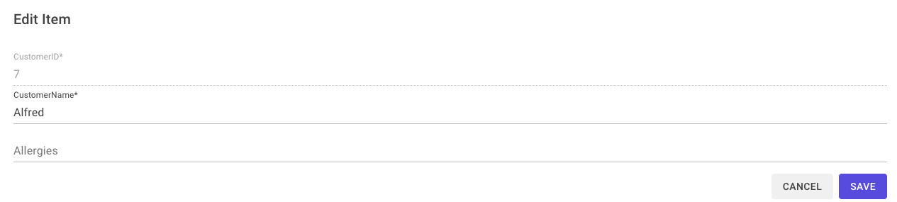 Edit item form for Customer Data