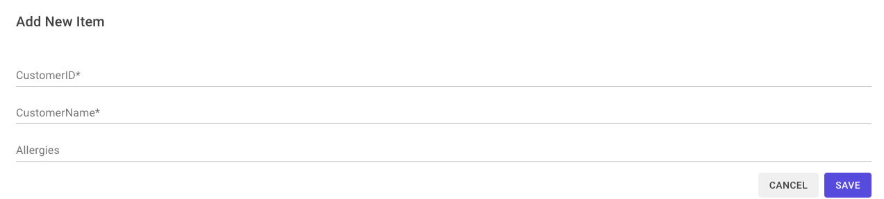 Add New Item form for Customer Data