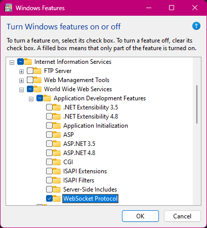 The Windows Features modal with options expanded and "WebSocket Protocol" selected