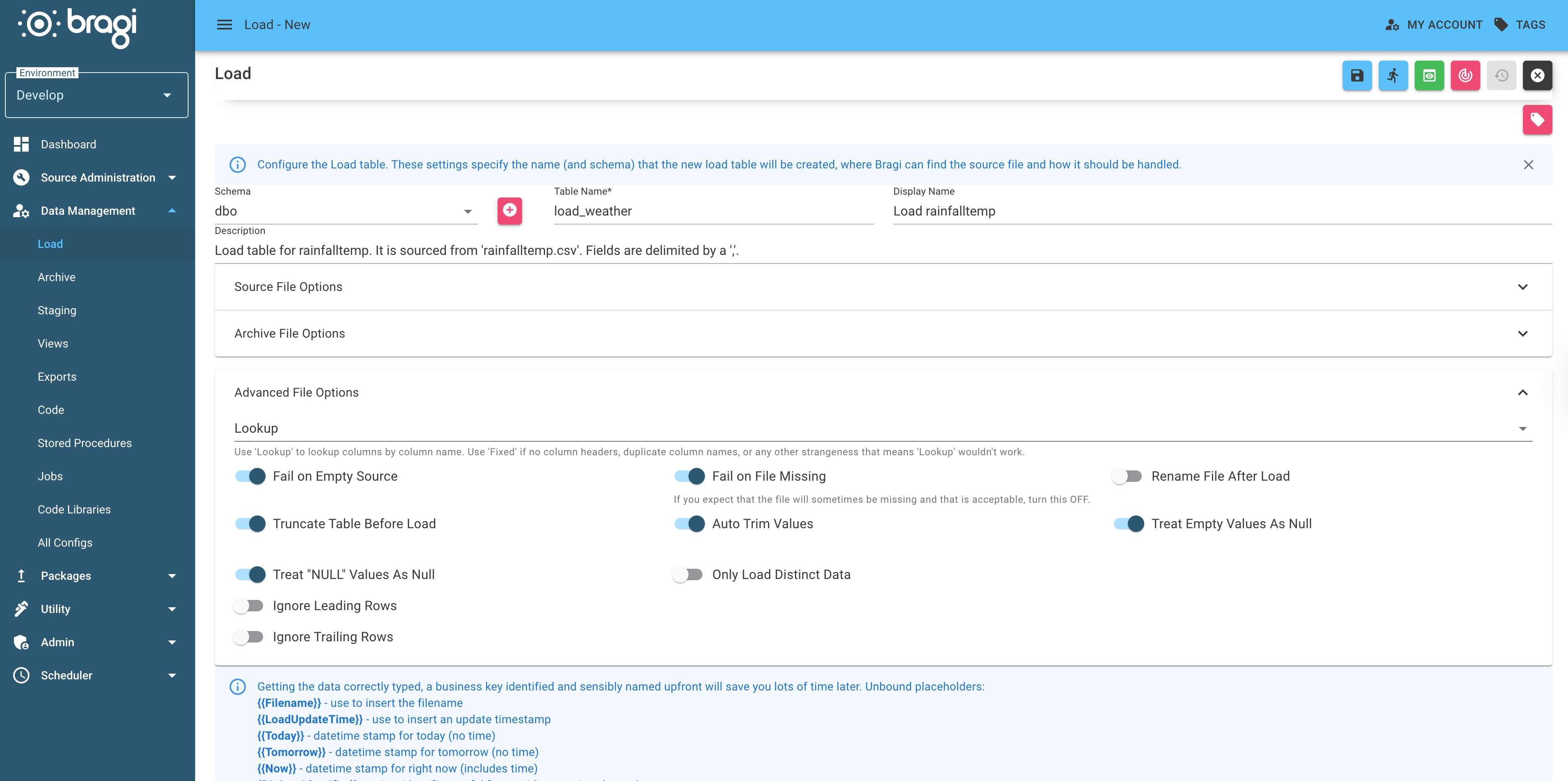 The Advanced File Options menu expanded in the table configuration screen for creating a new text load