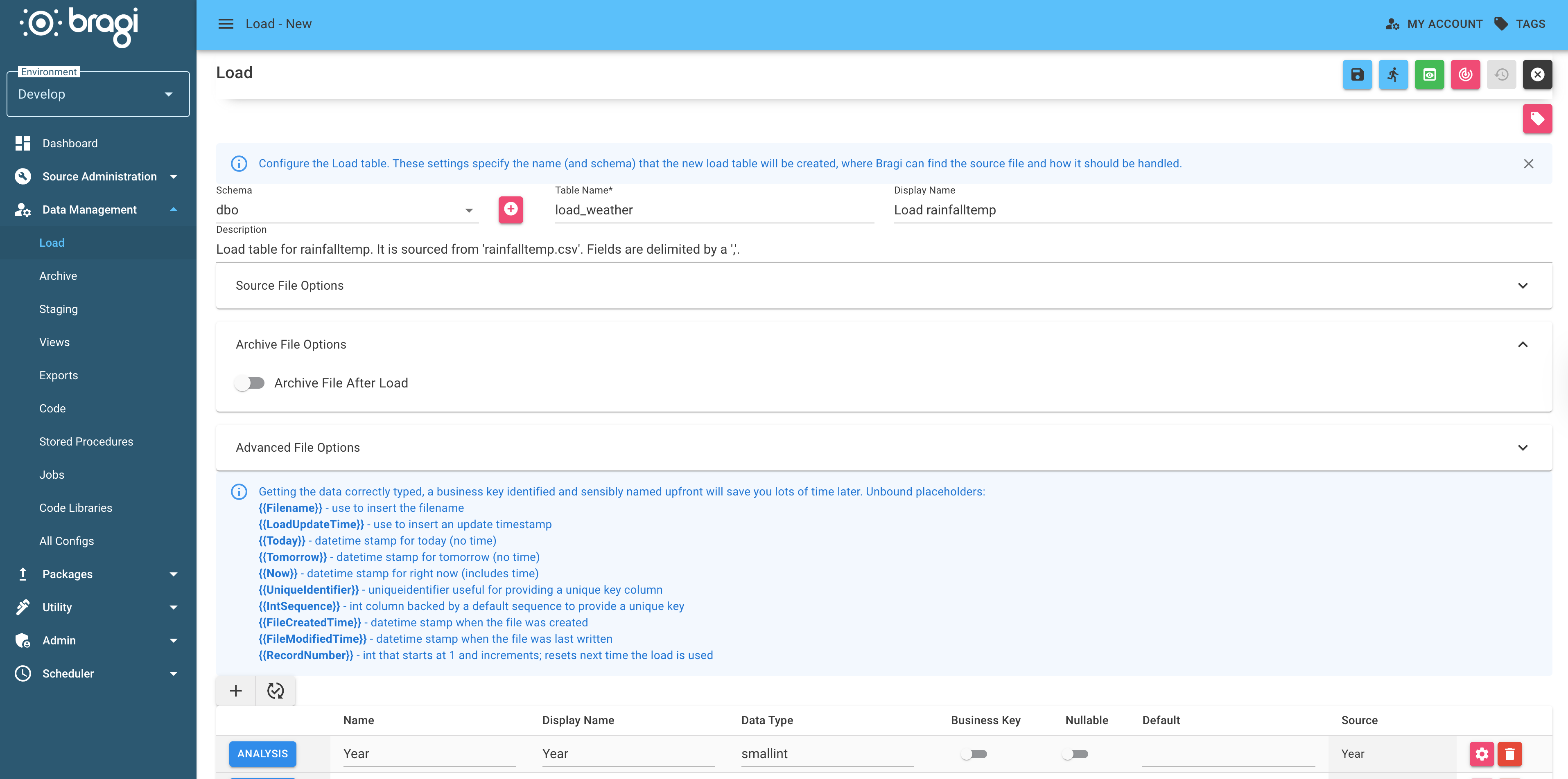 The Archive File Options menu expanded in the table configuration screen for creating a new text load