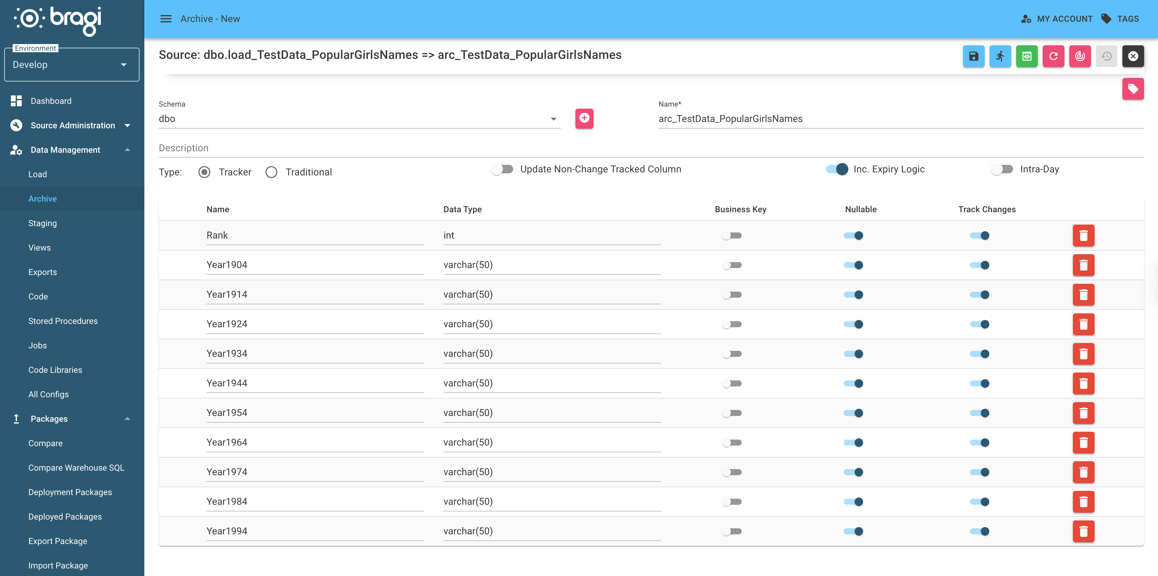 The Archive Configuration screen with a Tracker Archive selected