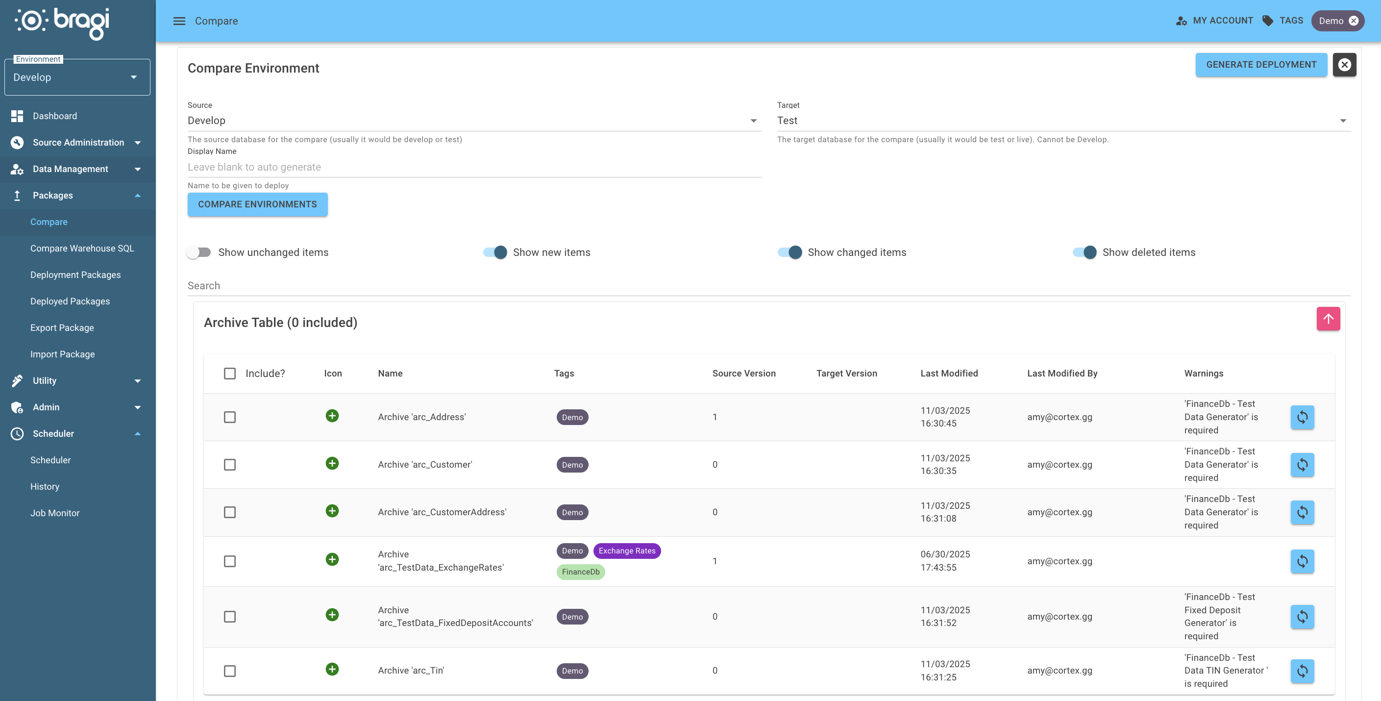 The Meta Compare screen with Develop as the Source and Target as the Test environment