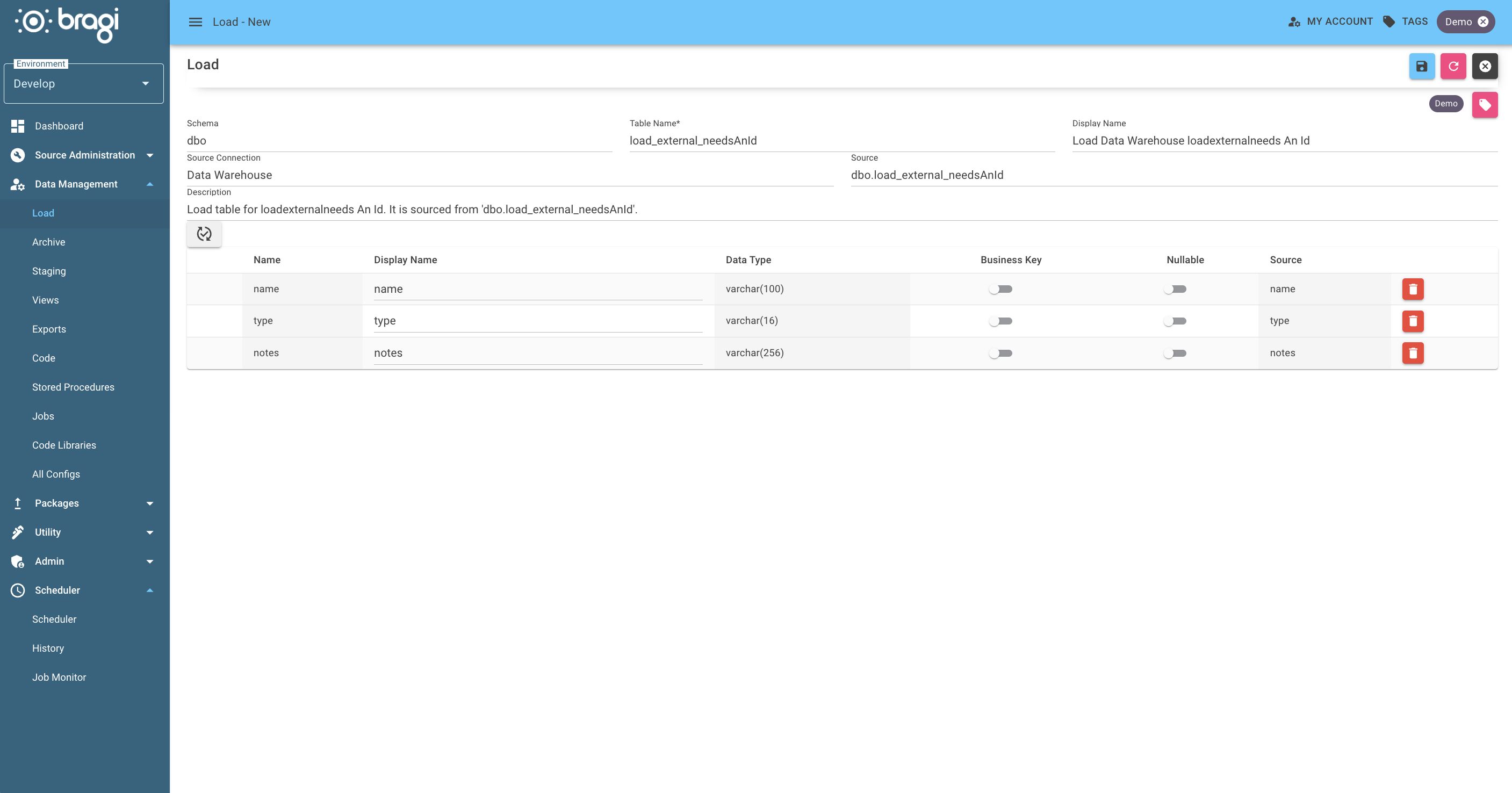 The Load Configuration screen for creating a new externally populated load