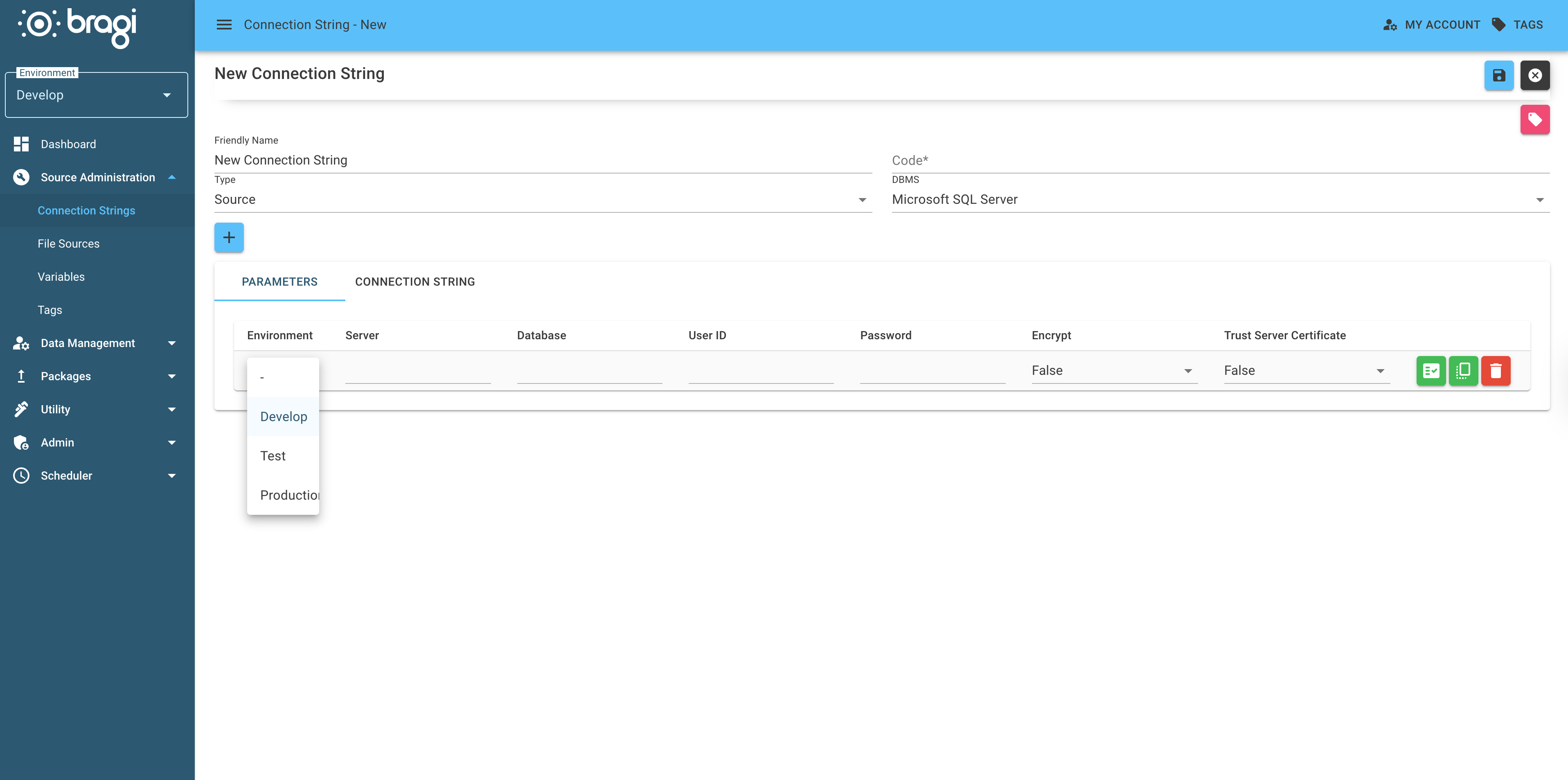 The New Connection String screen showing environment-specific values The New Connection String screen showing environment-specific values