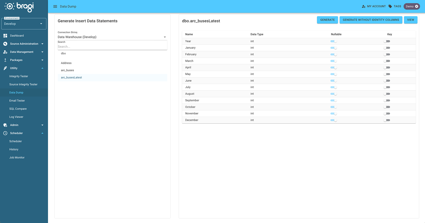 The Data Dump overview page with "arc_buses" selected