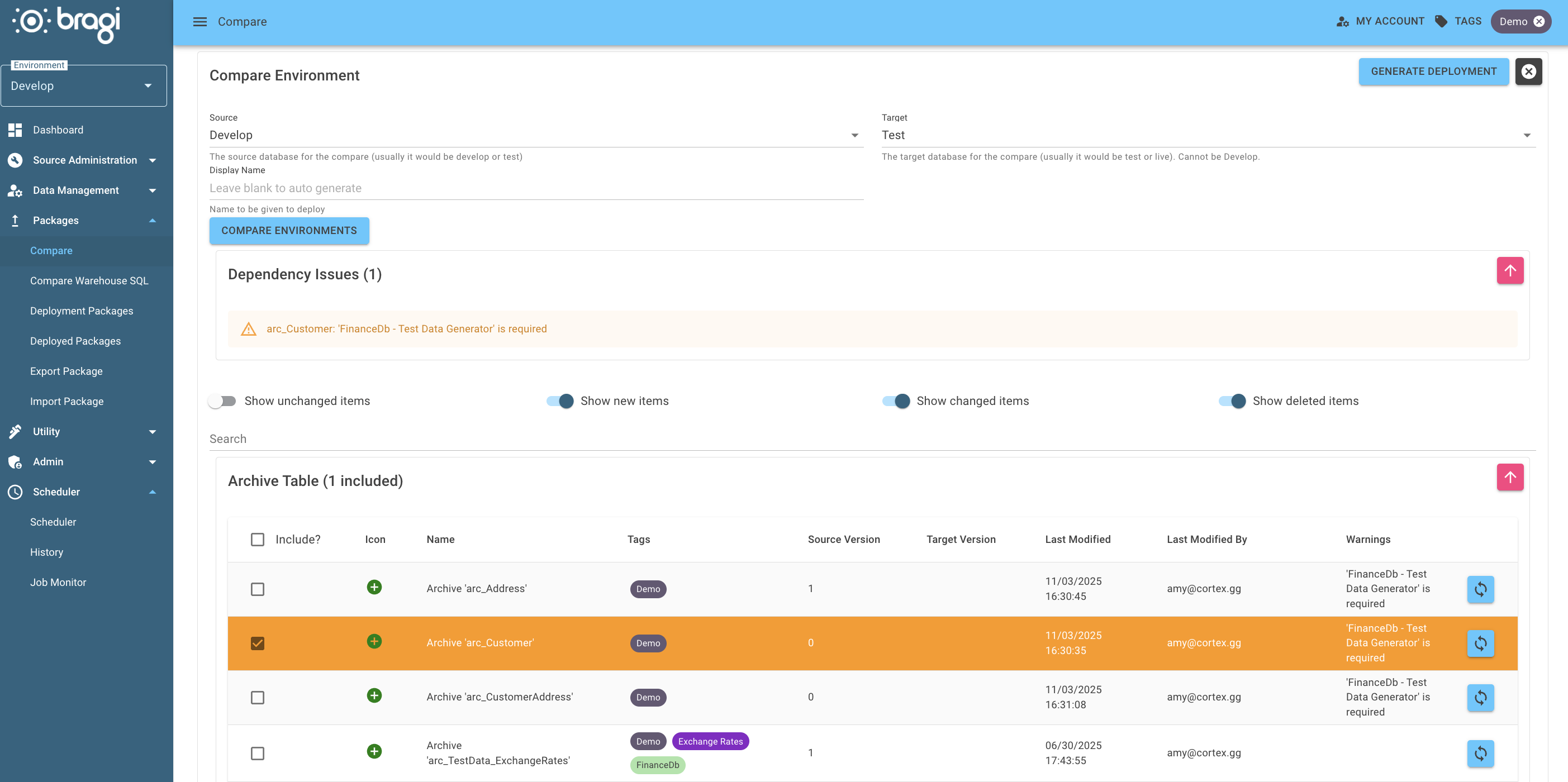 The Meta Compare screen showing dependency issues