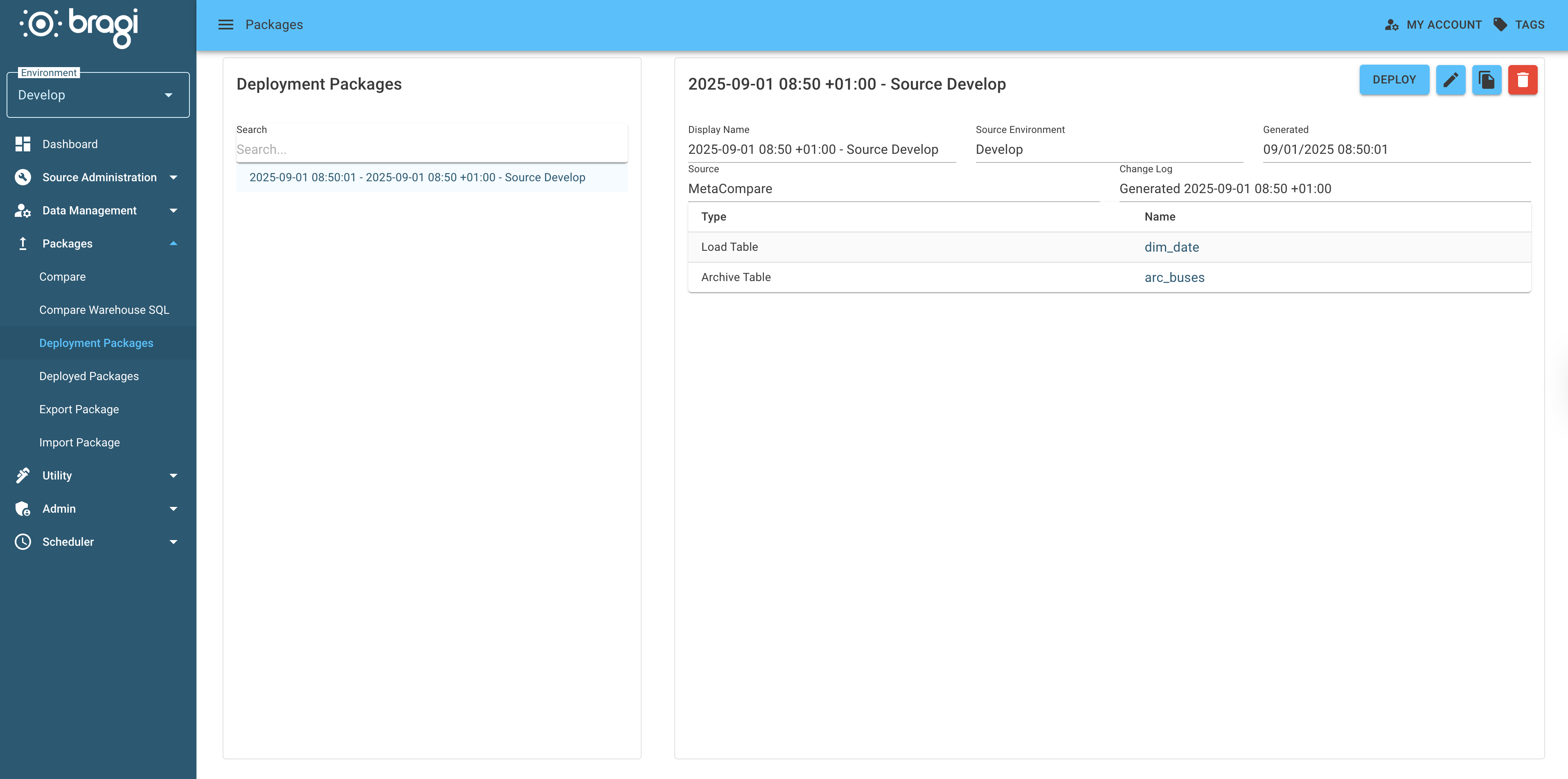 The Deployment Packages overview page with "My New Deploy" selected The Deployment Packages overview page with "My New Deploy" selected