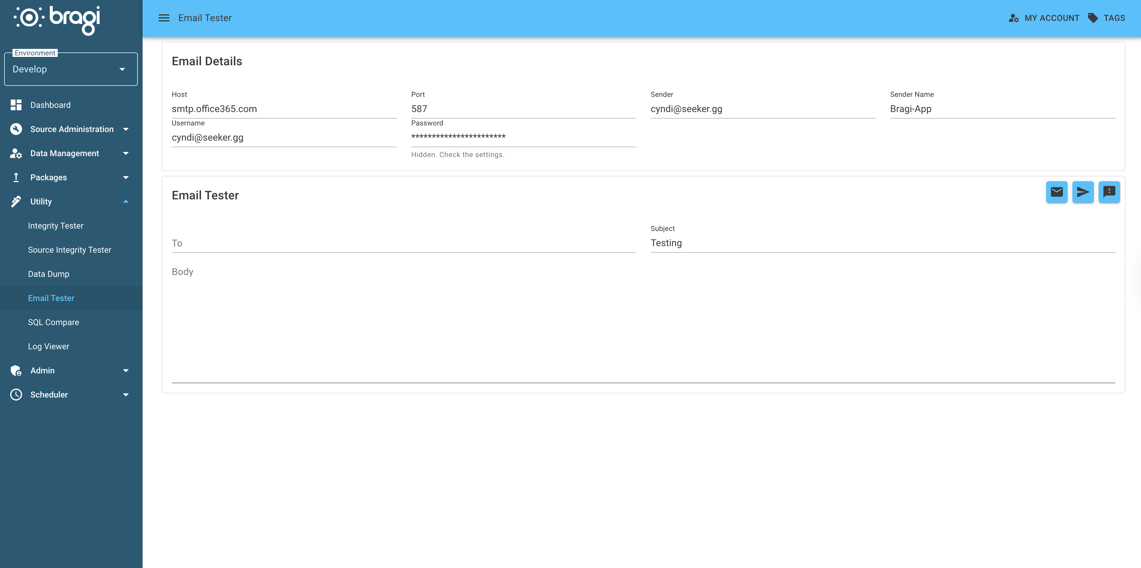 The email tester screen