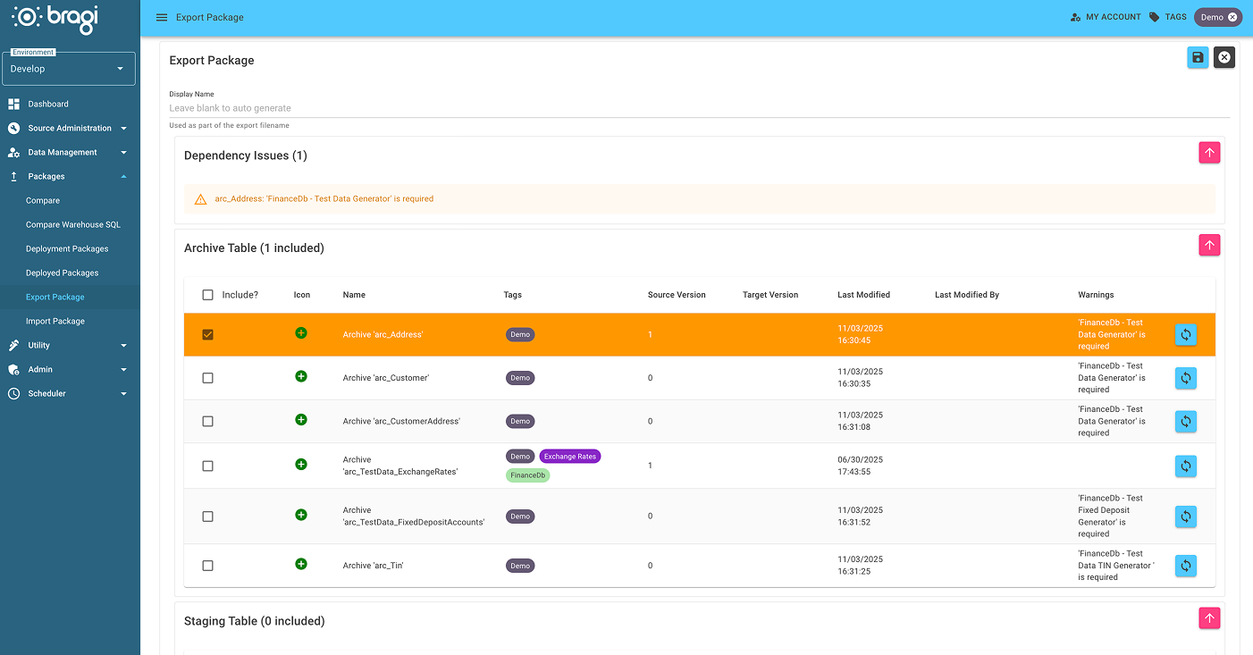 The Export Package screen showing two included Loads and one Archive with a Dependency Issue warning