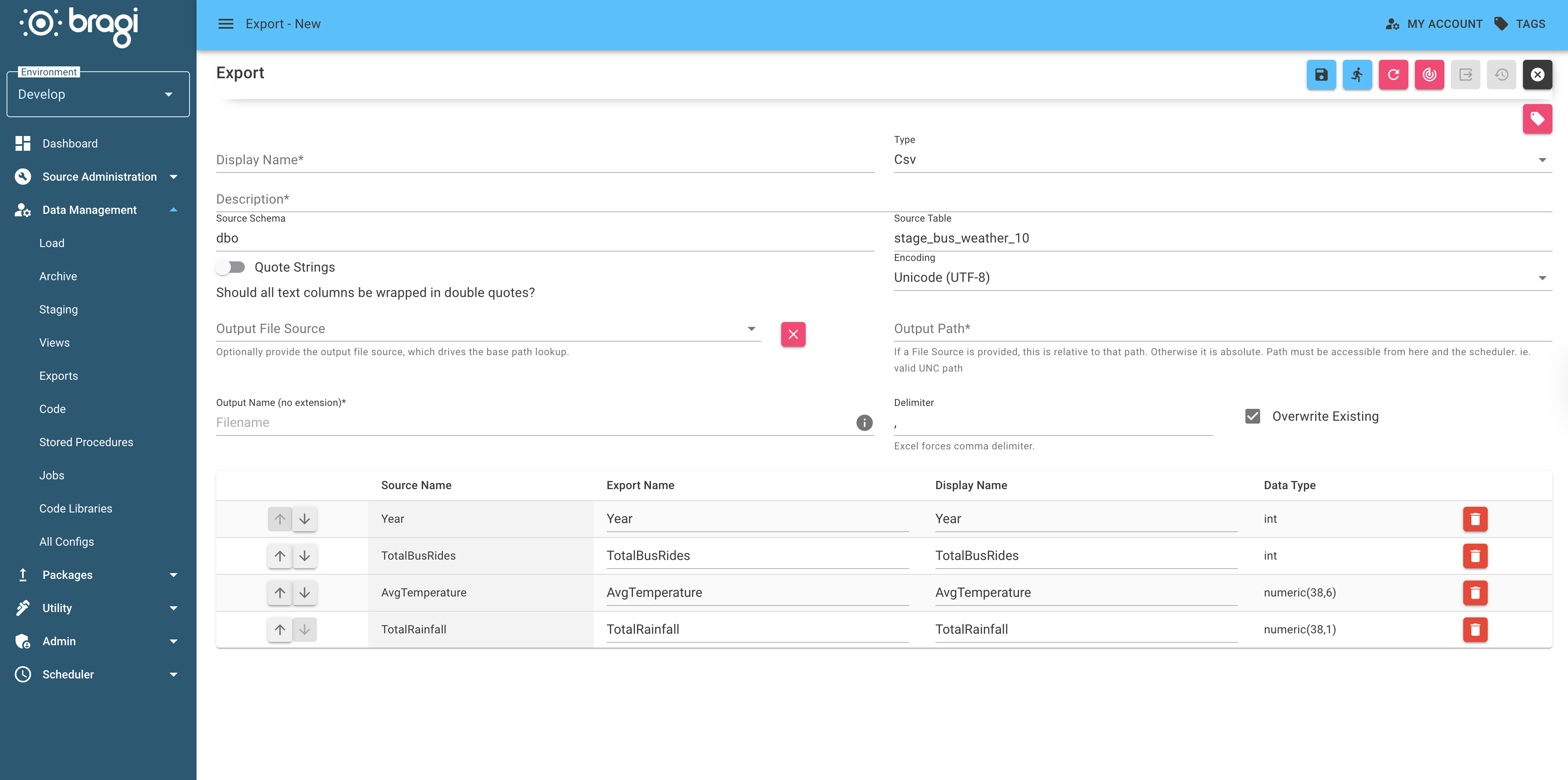 The Export edit page showing the default values when creating a new Export