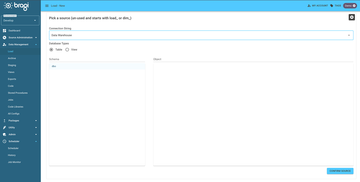 The Pick a Source screen for creating a new externally populated load