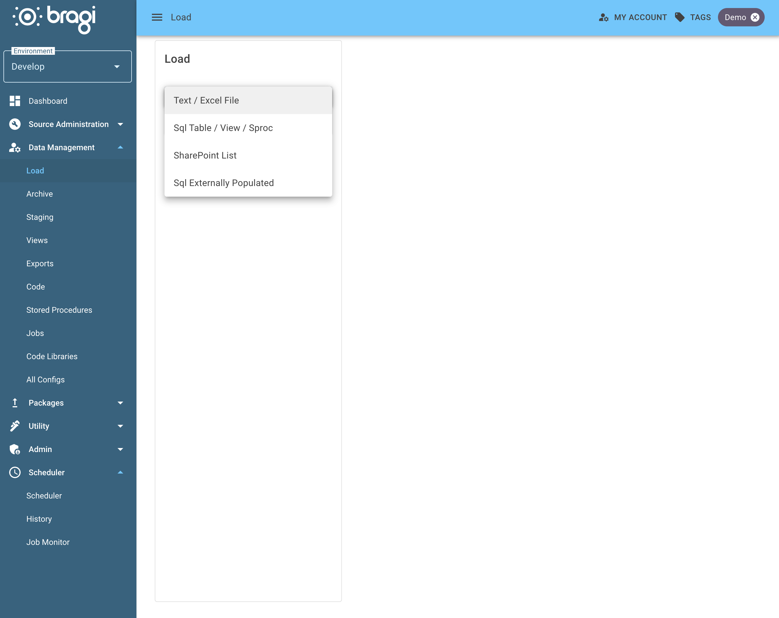 The load screen showing options to create a new type of load