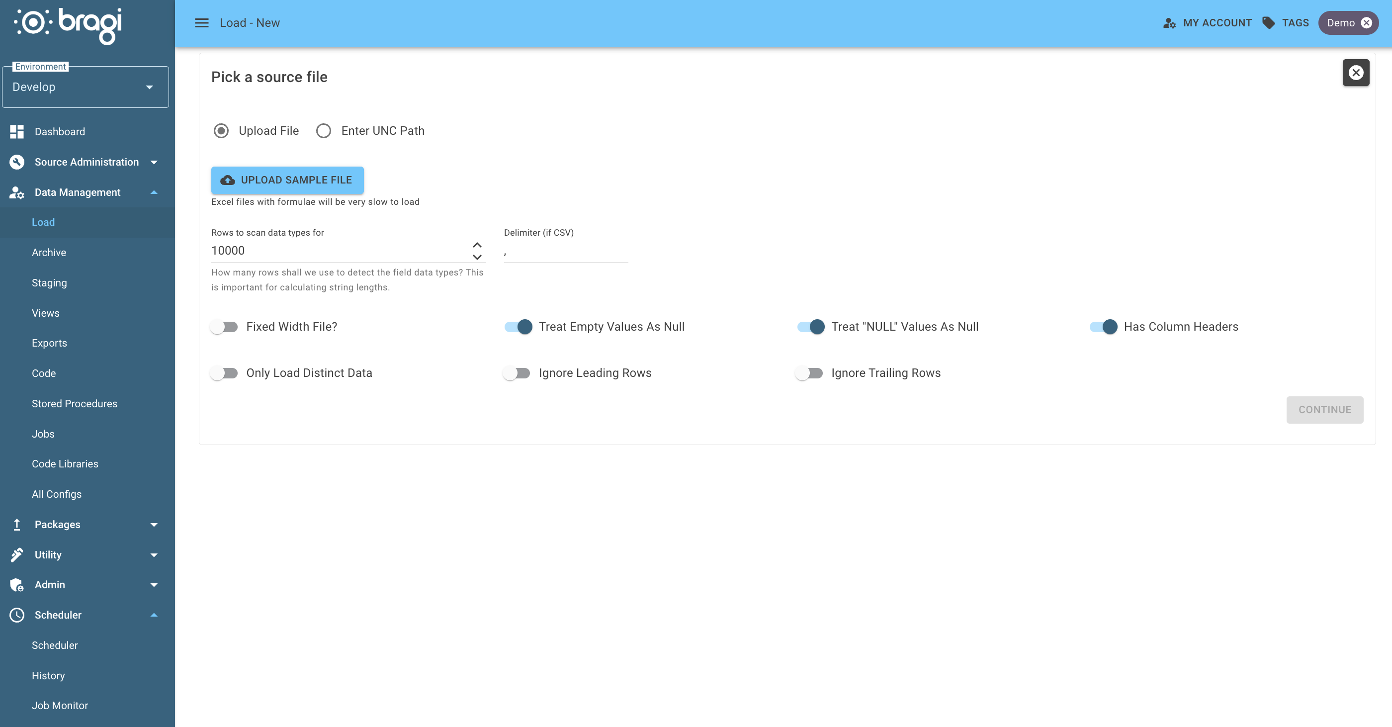 The Pick a Source File screen for configuring a new file load