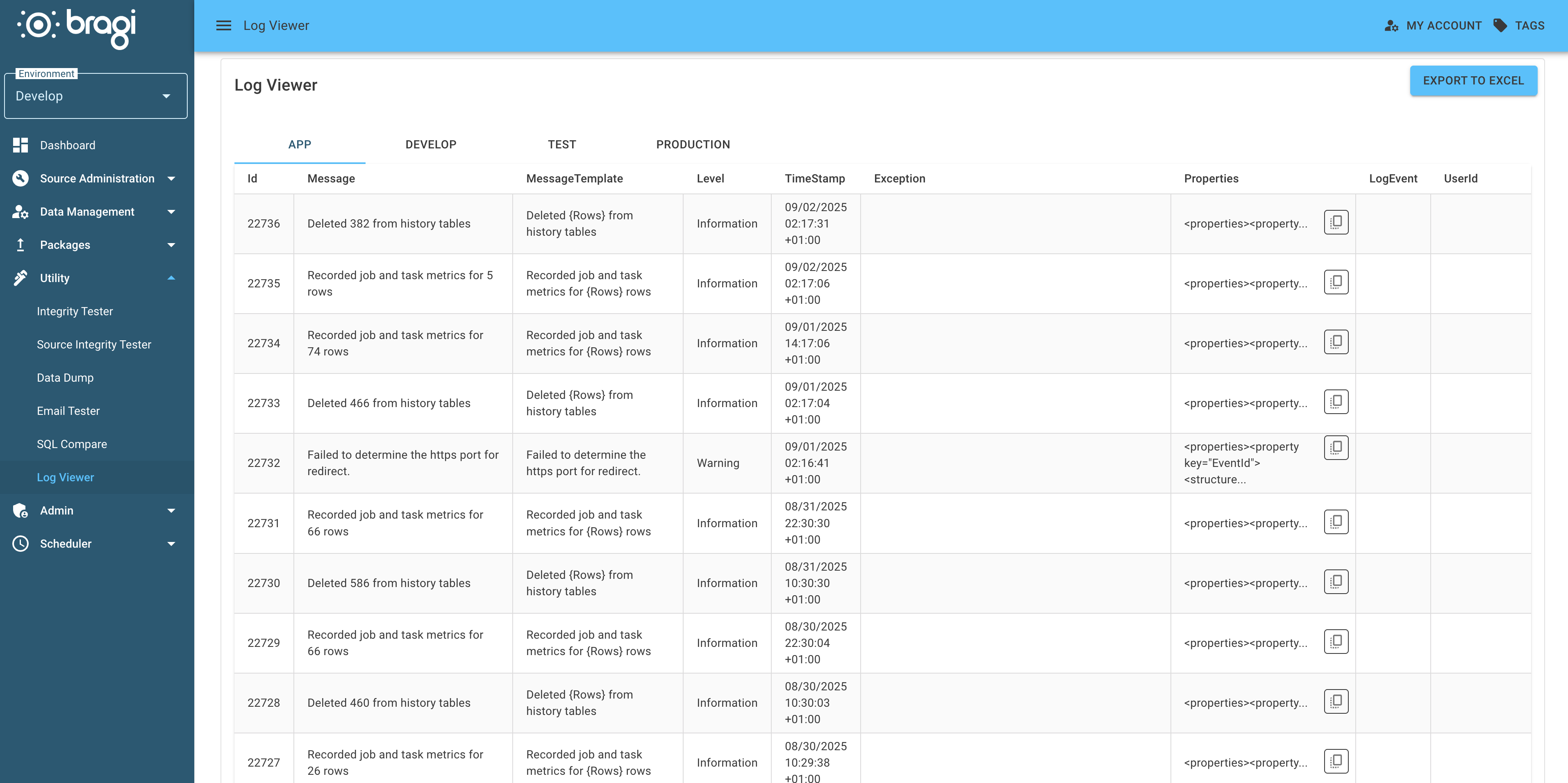 The Log Viewer page showing a series of individual log items that include details on Message, Level, Exception, UserId etc.
