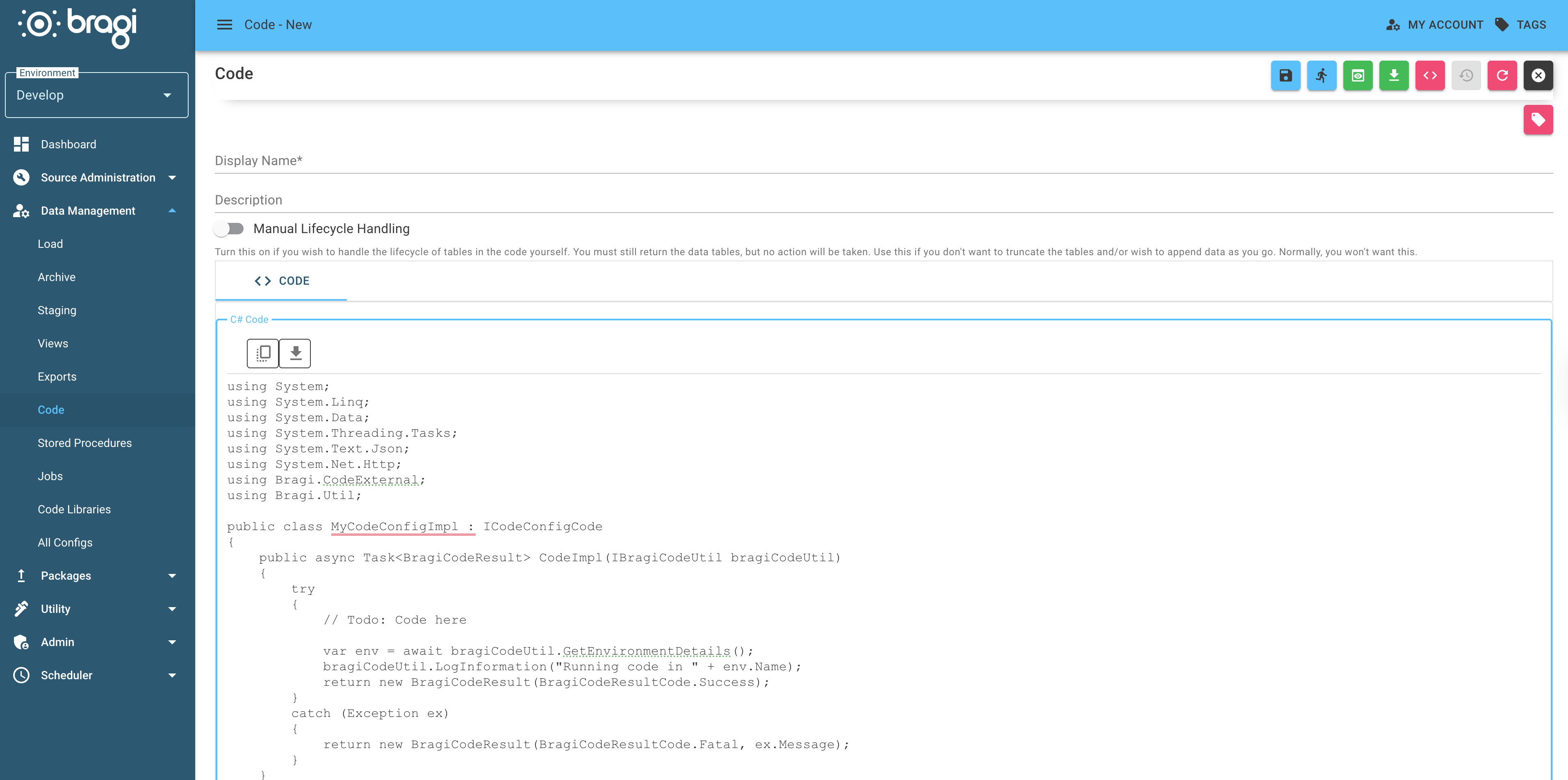 The New Code Config screen