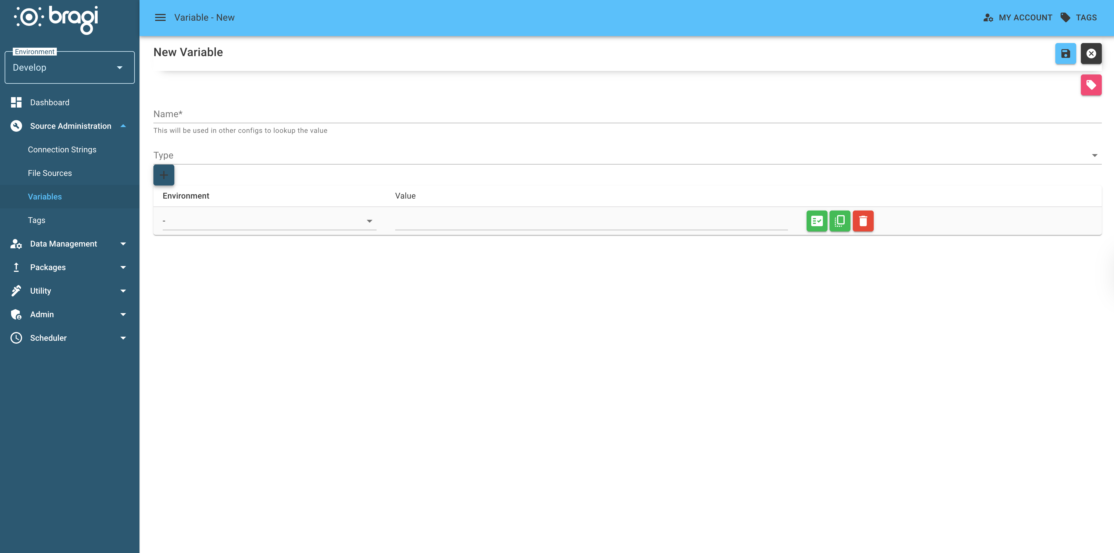 The New Variable screen