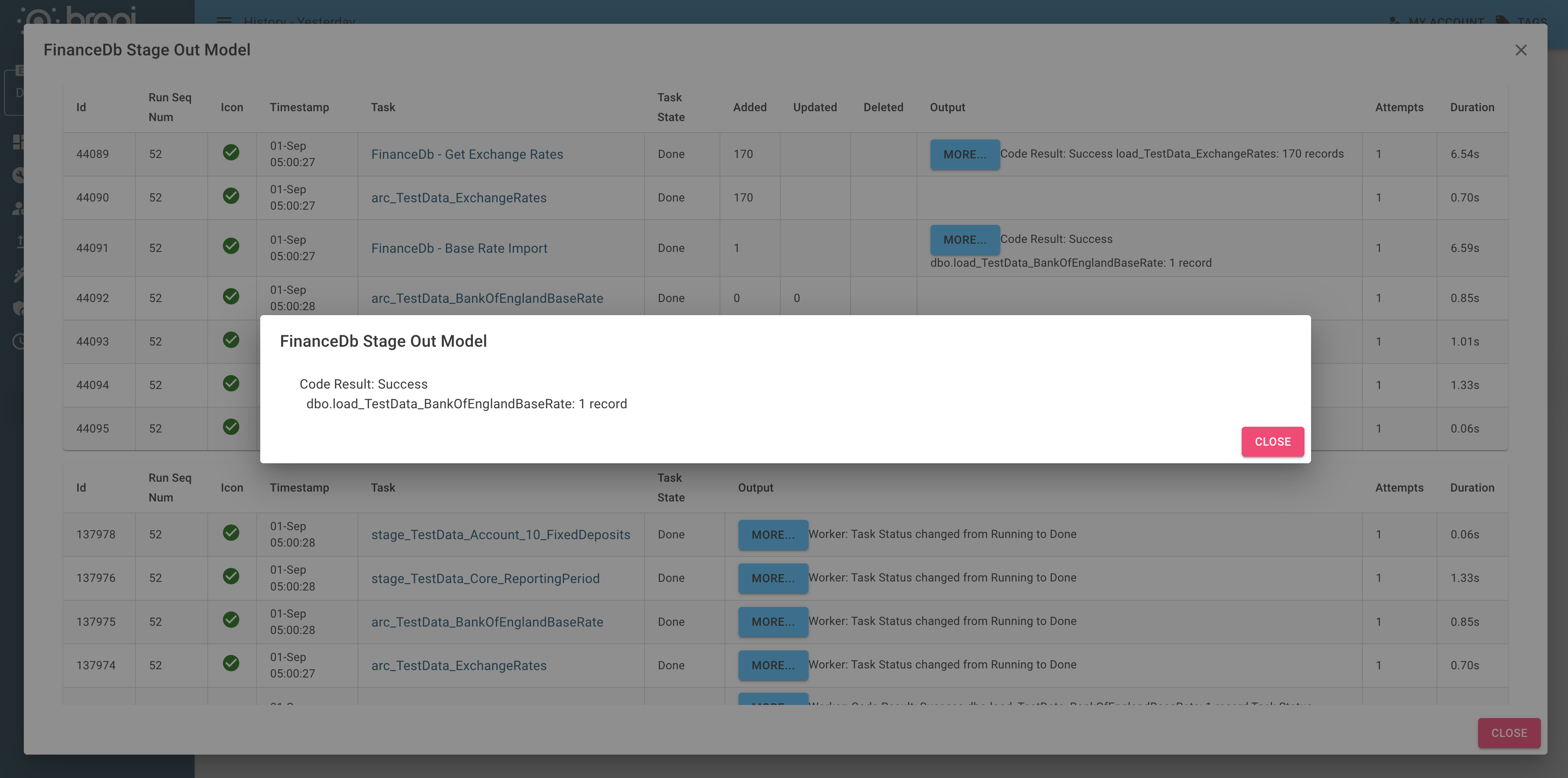 The Scheduler History details modal showing More Details