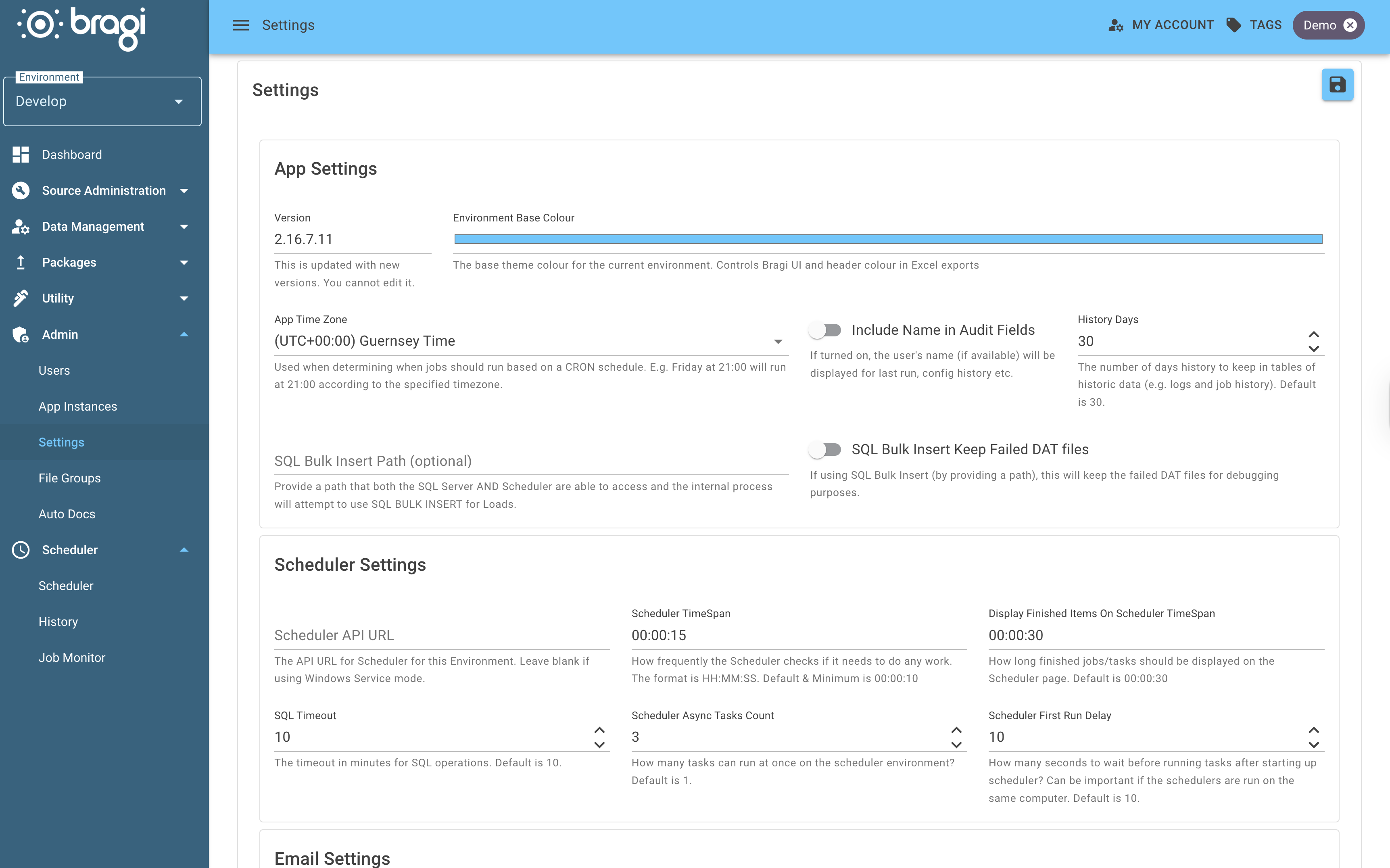 The first half of the settings page populated with default values