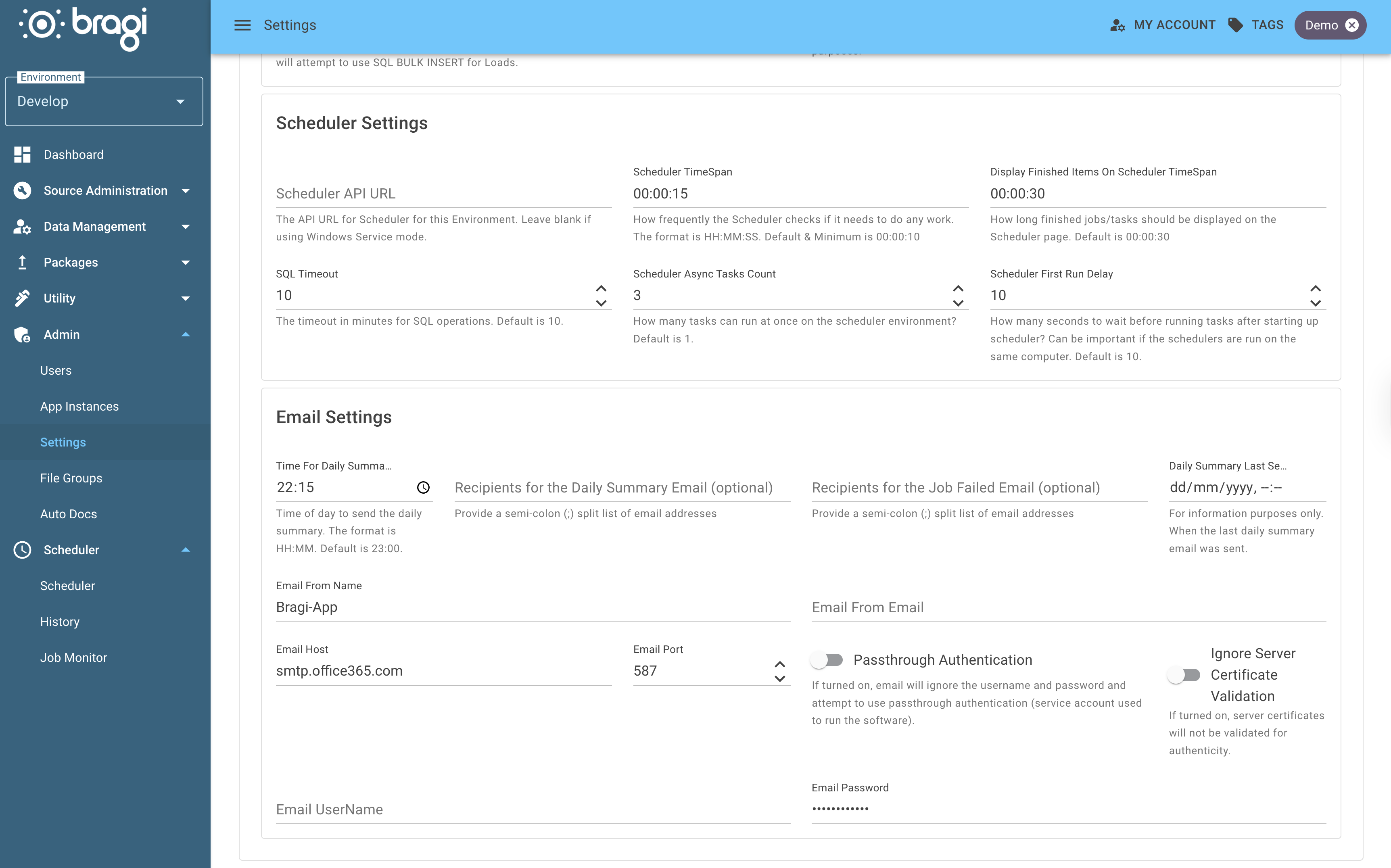 The second half of the settings page populated with default values