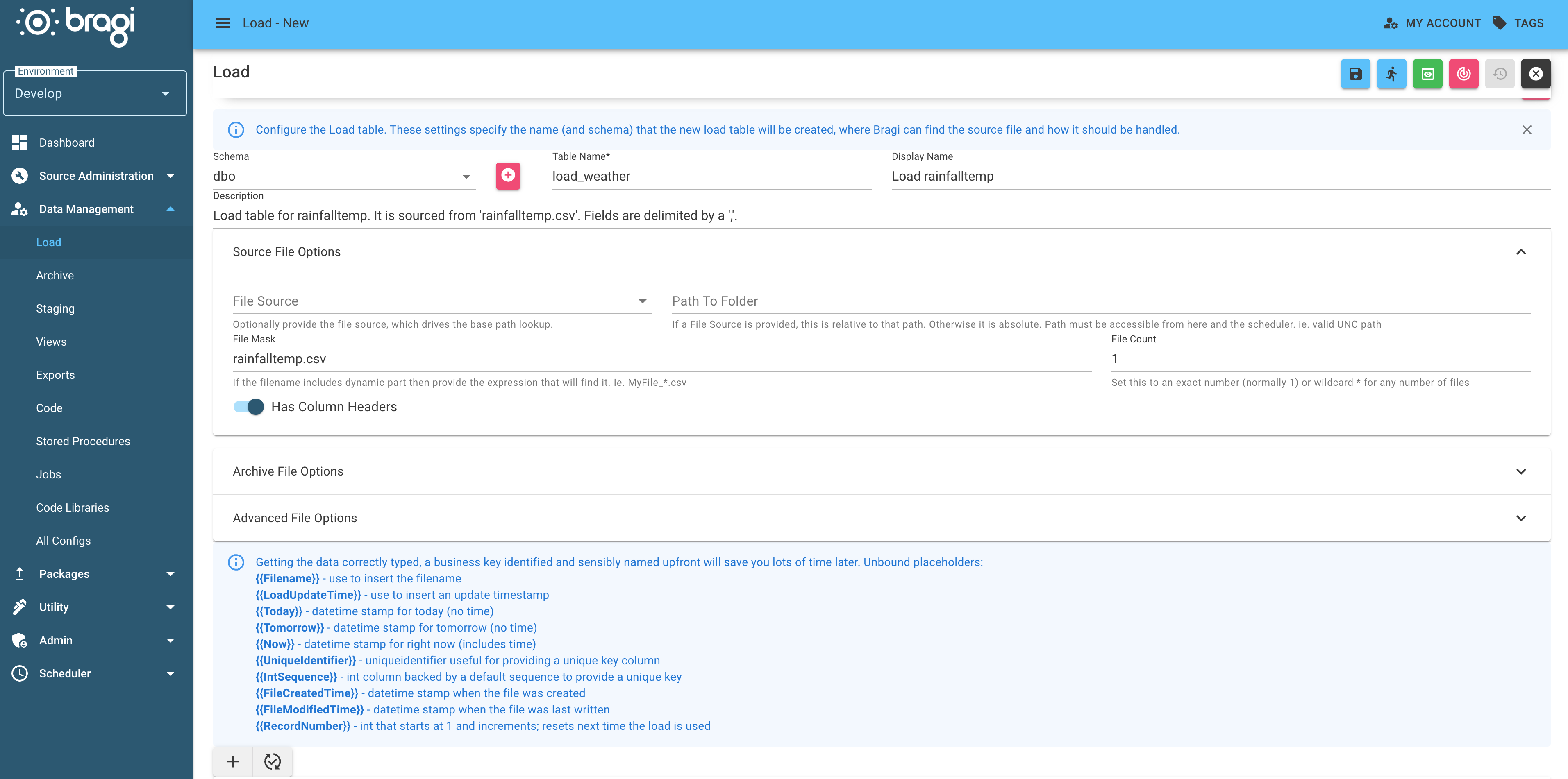 The Source File Options menu expanded in the table configuration screen for creating a new text load