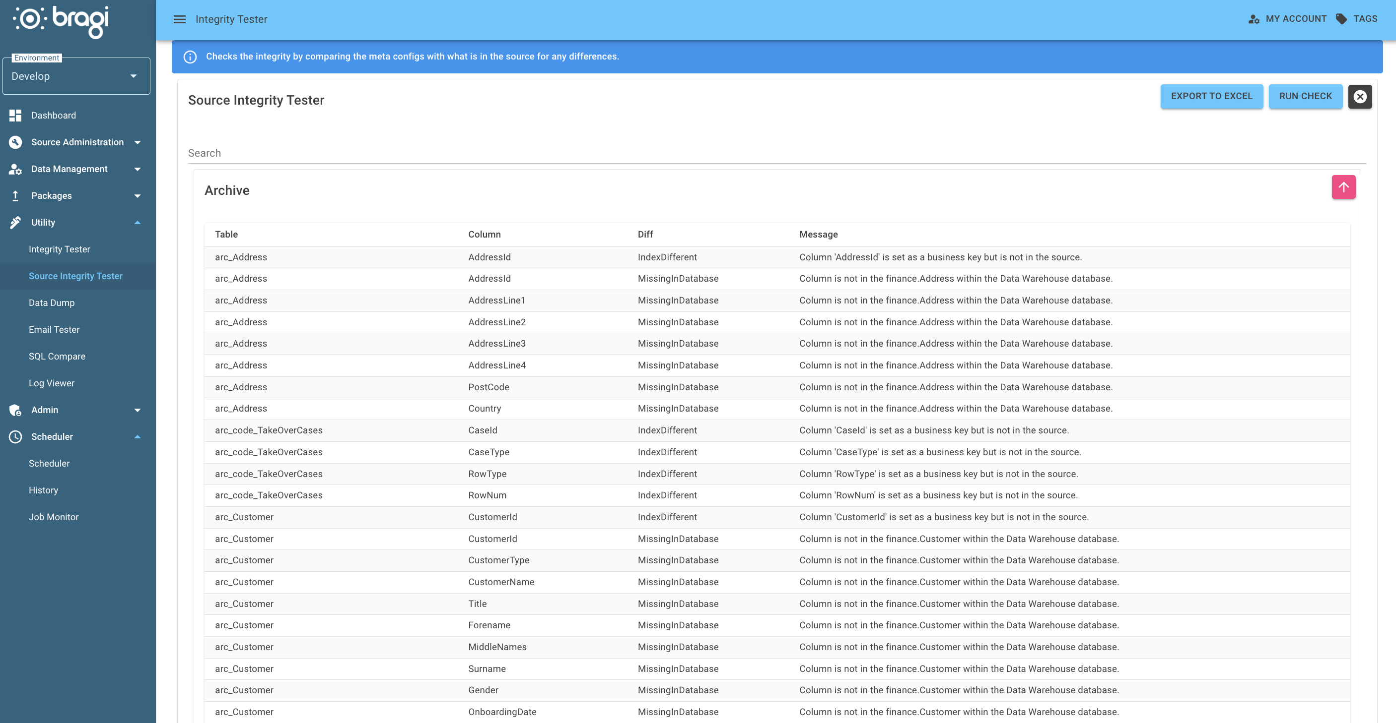 The Source Integrity Tester screen after running the check
