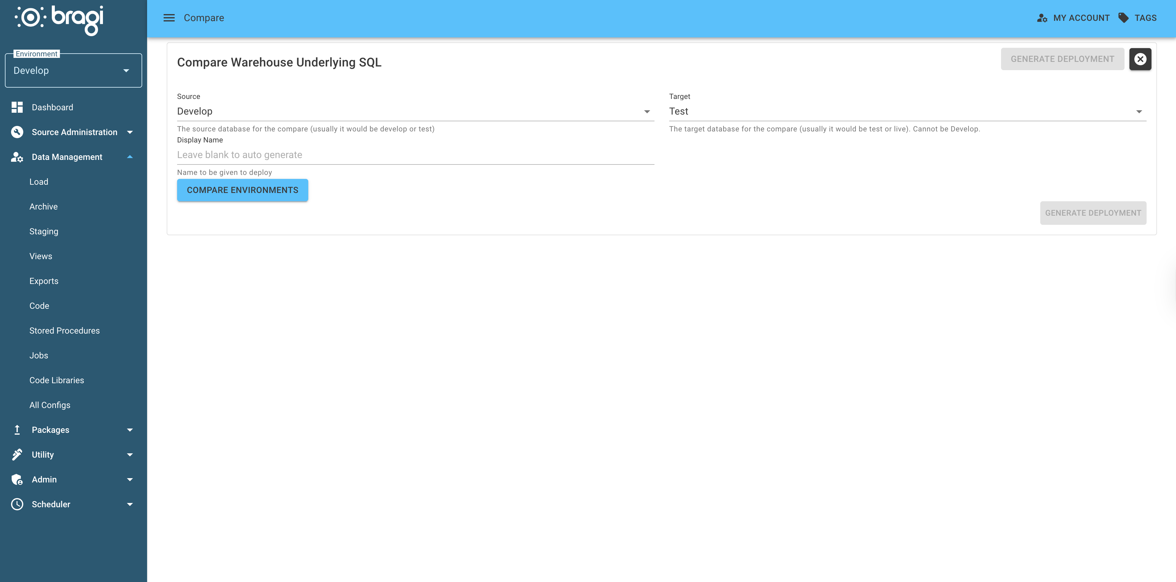 The SQL Compare screen with Develop as the source environment and Test as target environment
