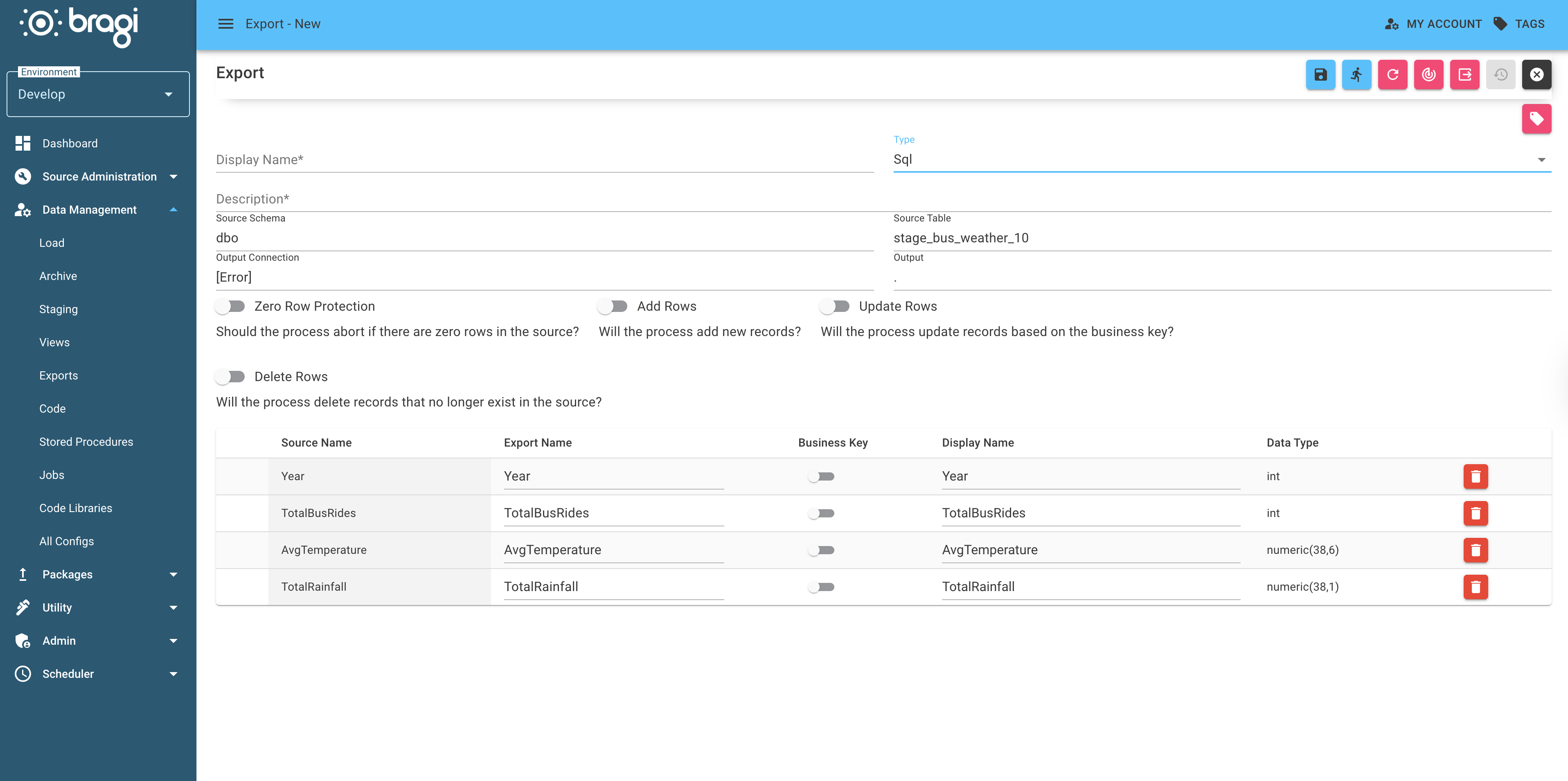 The Export edit page showing an example SQL export