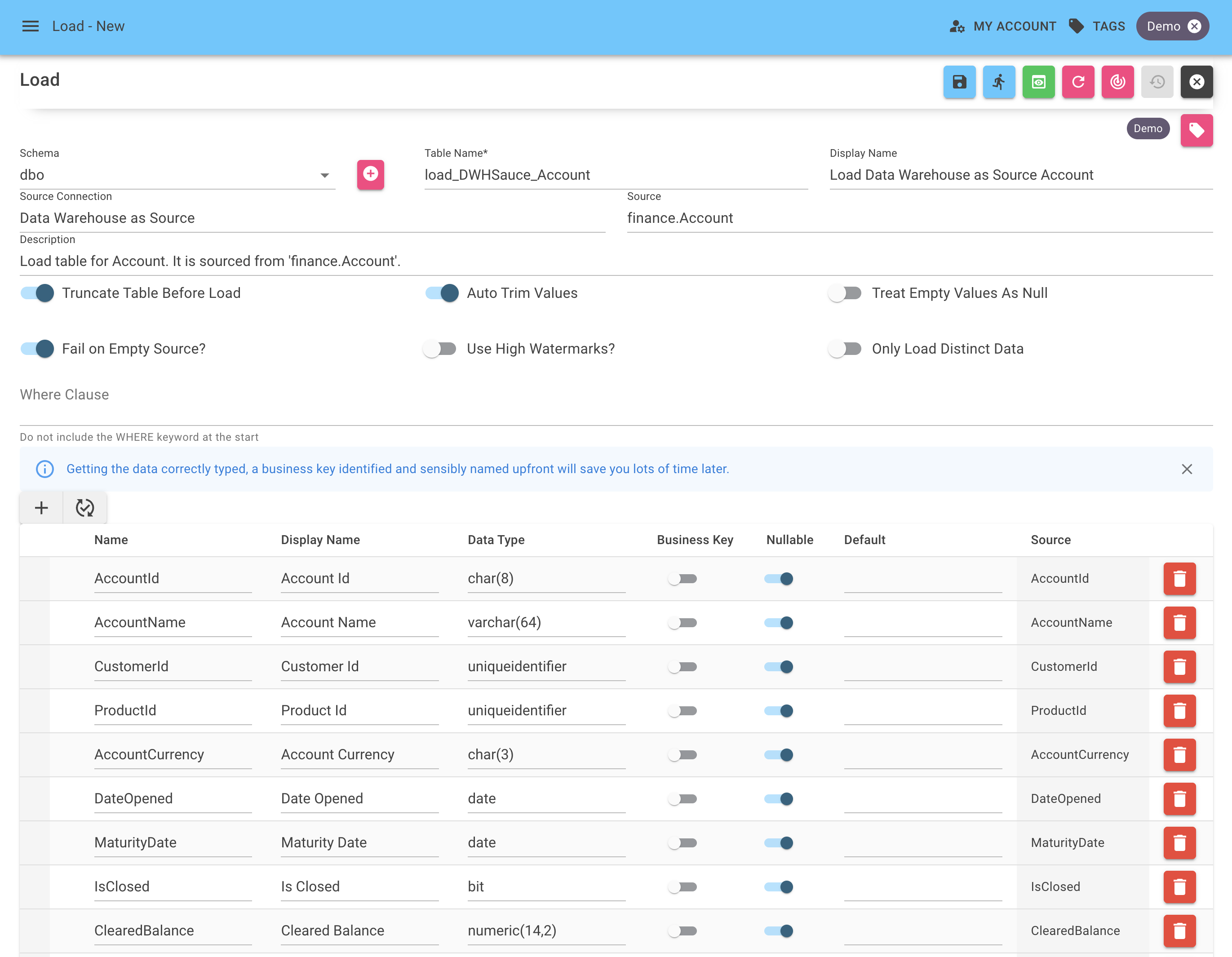 The configuration screen for creating a new SQL load