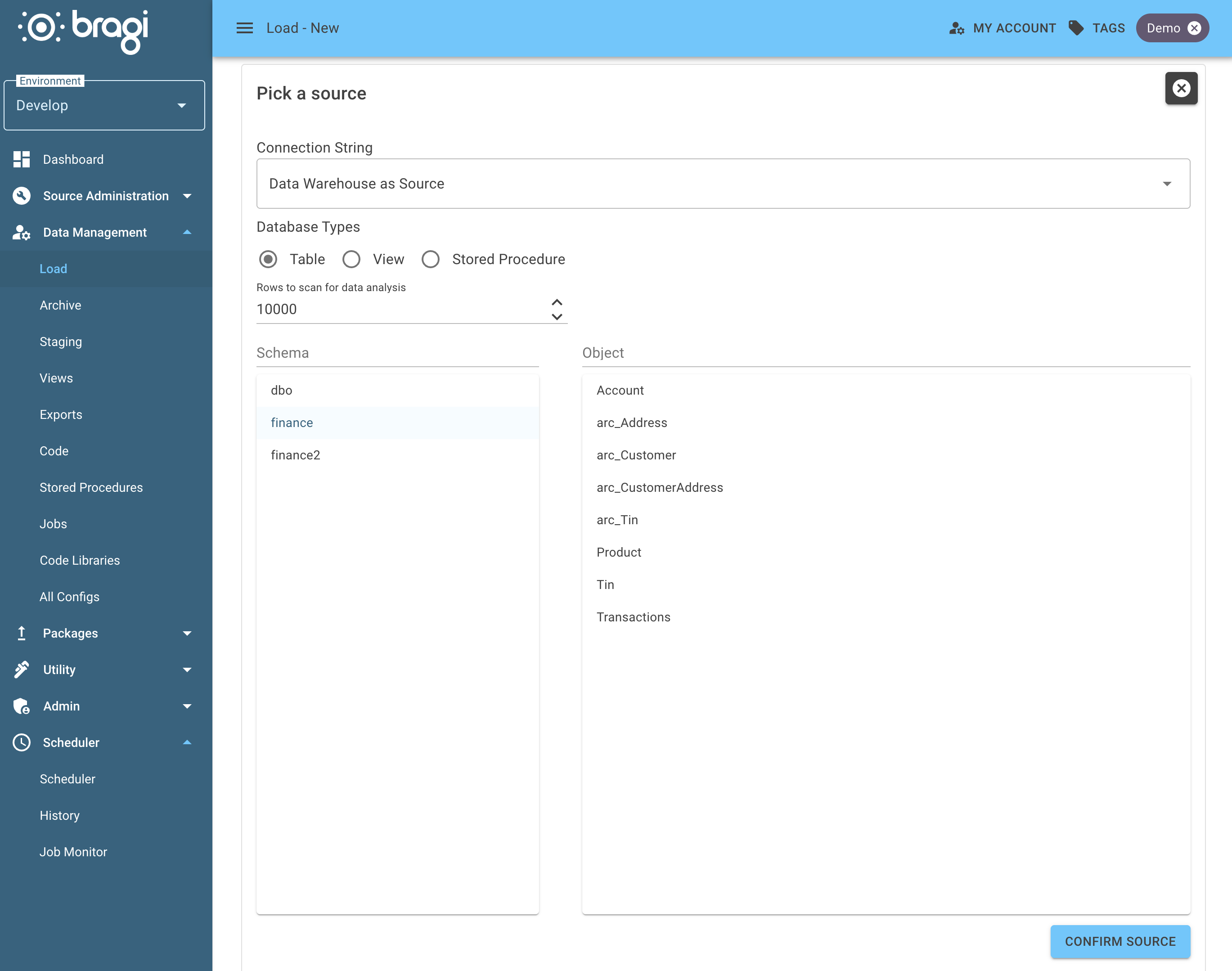 The Pick a Source screen for creating a new SQL load