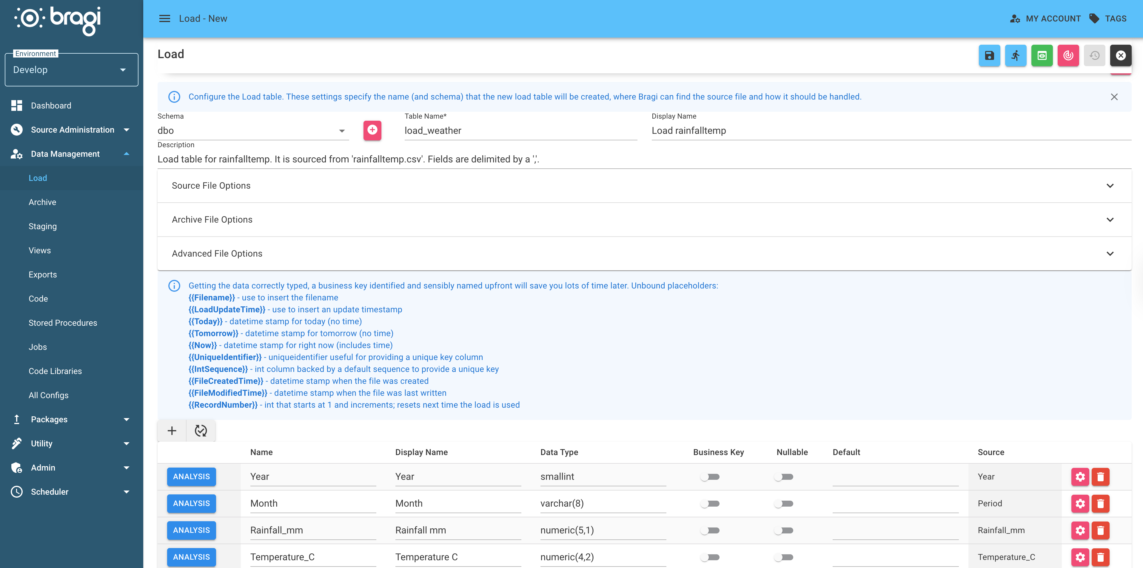 The table configuration screen for creating a new text load