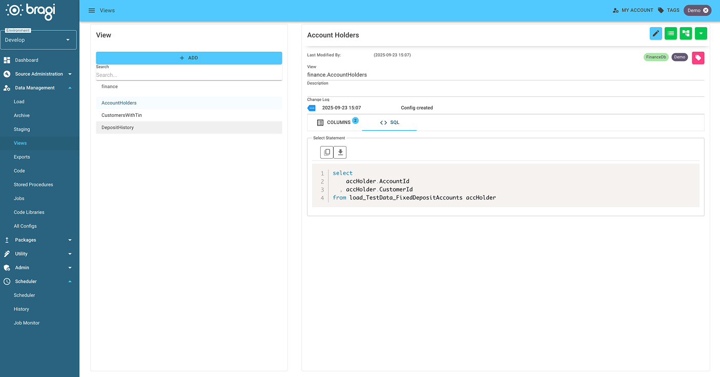 A previously created View showing the SQL statement and config modification history